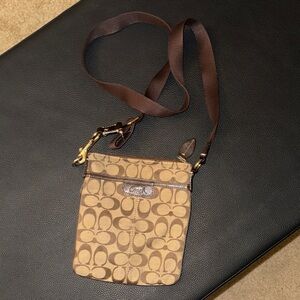 Coach Signature Canvas Crossbody in Tan and Brown with Silver Hardware